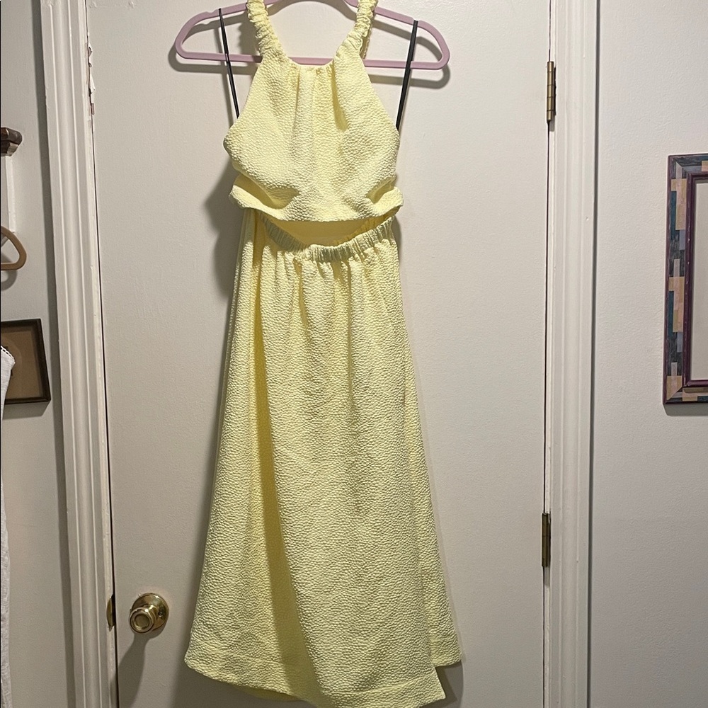 LPA Adalyn Pale Yellow Textured Halter Cut Ling Left Side Slit Out Dress